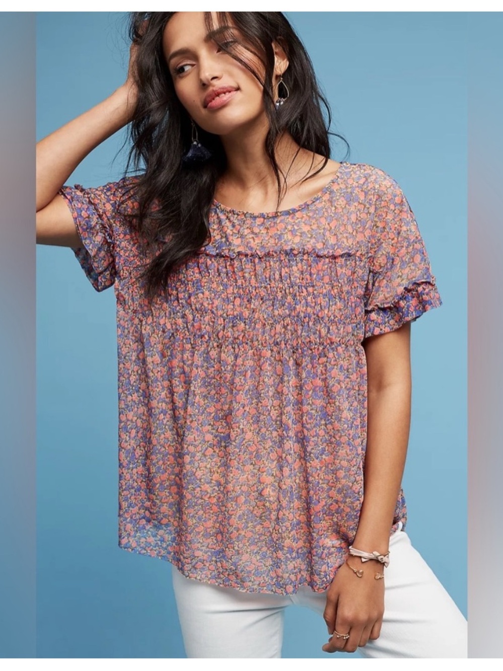 Deletta x Anthropologie Floral Print Robyn Smocked Oversized Flowy Top Size XXS